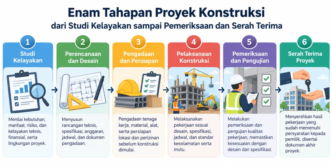 Diagram enam tahapan proyek konstruksi dari studi kelayakan sampai pemeriksaan dan serah terima.