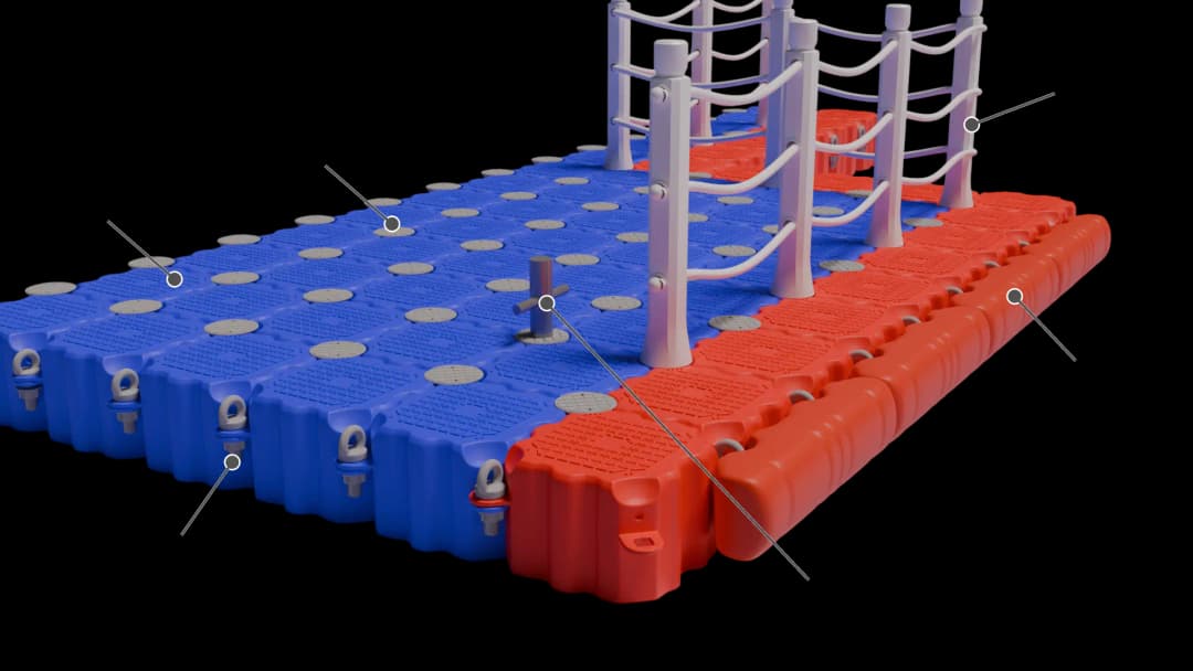 Diagram teknis realistis ponton modular HDPE Karpinus dalam perspektif isometrik. Perlihatkan kubus apung, pin pengunci, bollard, pagar, dan fender. Gunakan garis penunjuk sederhana agar masing-masing komponen mudah dikenali.