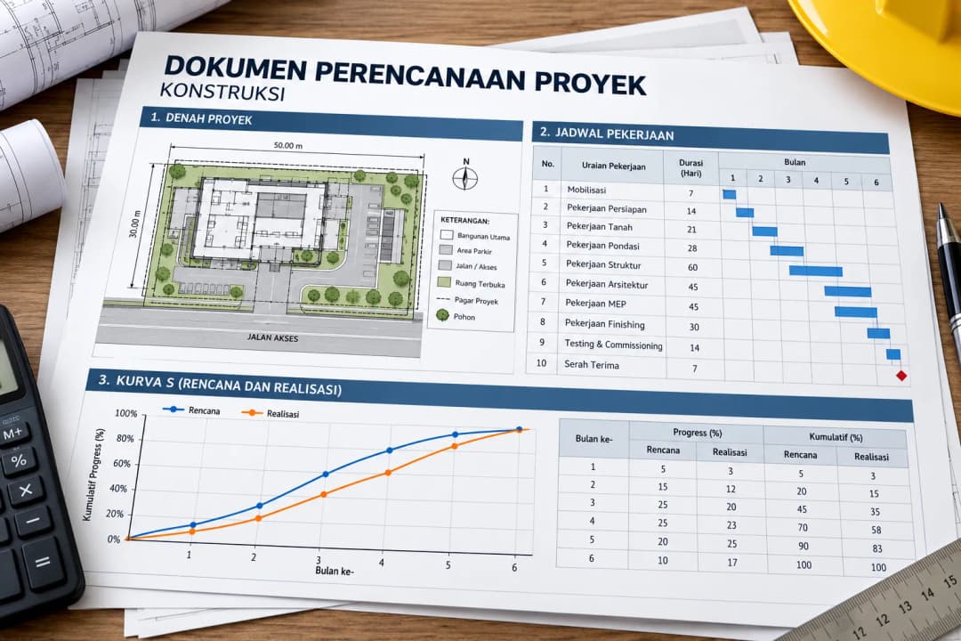 Dokumen perencanaan proyek konstruksi dengan gambar denah, jadwal pekerjaan, dan kurva S.