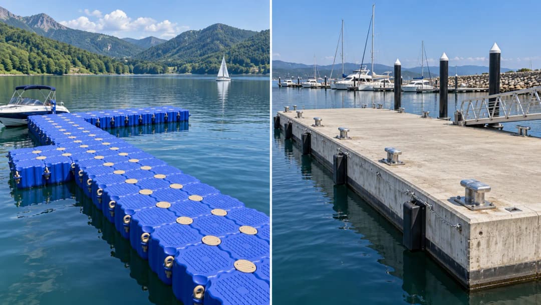 Dua contoh penggunaan ponton. Sebelah kiri dermaga wisata dengan modul HDPE pada perairan danau yang tenang, sebelah kanan fasilitas dermaga menggunakan ponton beton apung berukuran besar.
