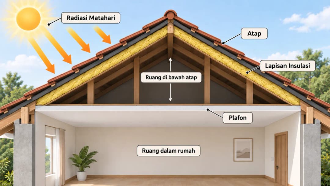 ilustrasi penampang atap yang menunjukkan atap, lapisan insulasi, plafon, radiasi matahari dan ruang di bawah atap
