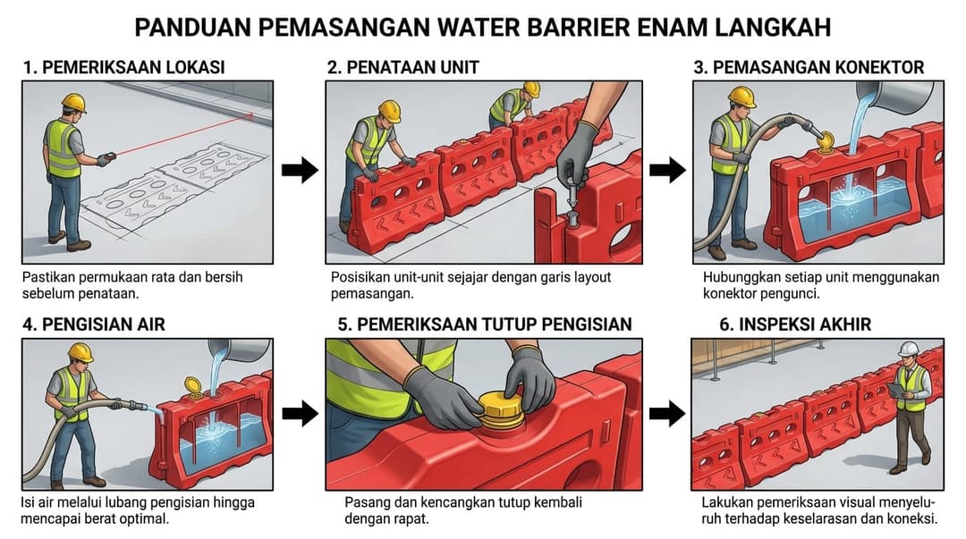 Infografis enam langkah pemasangan water barrier, dimulai dari pemeriksaan lokasi, penataan unit, pemasangan konektor, pengisian air, pemeriksaan tutup pengisian, dan inspeksi akhir. Gaya diagram teknis realistis.