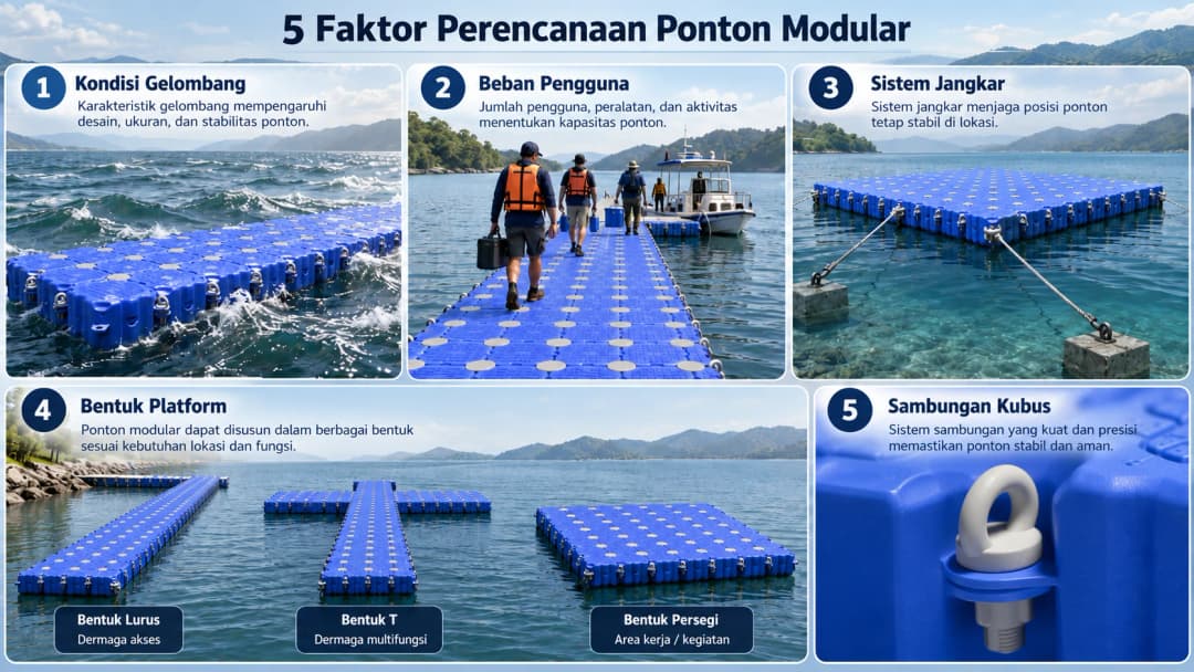 Infografis lima faktor perencanaan ponton modular. Menampilkan kondisi gelombang, beban pengguna, sistem jangkar, bentuk platform, dan sambungan kubus. Gunakan ilustrasi lapangan realistis, bukan ikon kartun.