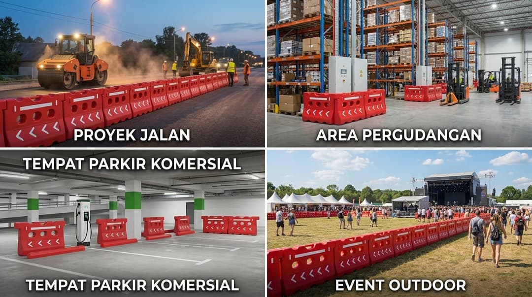 Kolase empat aplikasi water barrier HDPE secara realistis: proyek jalan, area pergudangan, tempat parkir komersial, dan event outdoor. Masing-masing menampilkan susunan pembatas yang sesuai dengan kondisi lokasi.