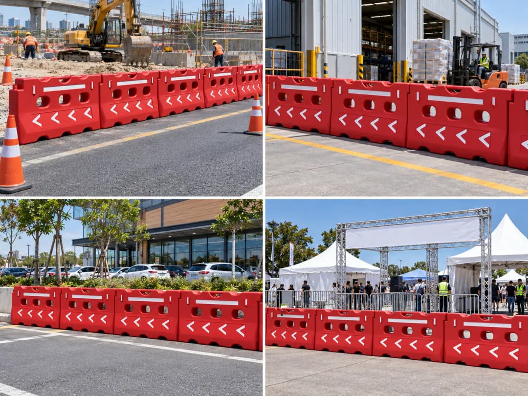 Kolase empat penggunaan road barrier HDPE, yaitu proyek jalan, area pabrik, parkir gedung komersial, dan akses kendaraan pada event outdoor. Gunakan road barrier yang terpasang dalam barisan lurus.