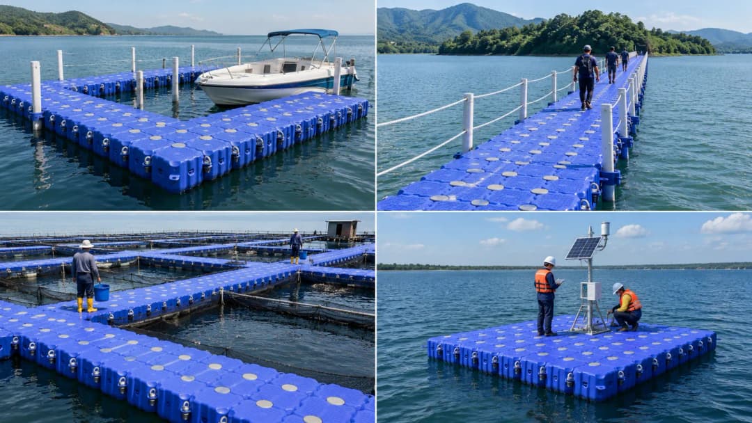 Kolase realistis empat penggunaan ponton modular HDPE: dermaga untuk perahu kecil, jembatan apung di danau, jalur kerja keramba ikan, dan platform inspeksi perairan