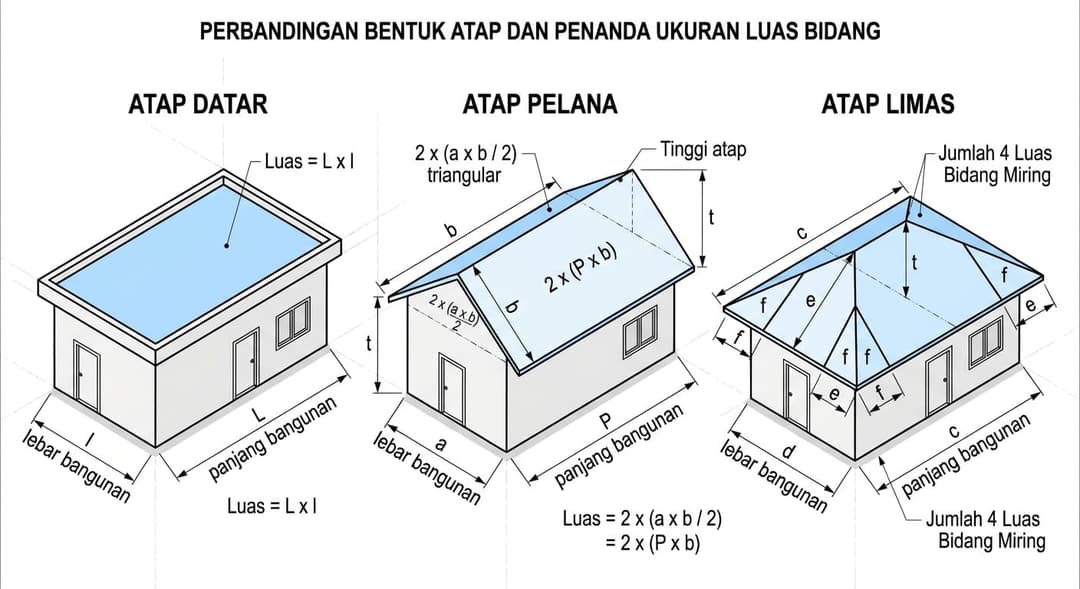 Perbandingan tiga bentuk atap, yaitu atap datar, atap pelana, dan atap limas. Setiap atap dilengkapi penanda ukuran bidang yang digunakan untuk menghitung luas. Diagram teknik bersih dengan sudut pandang isometrik.
