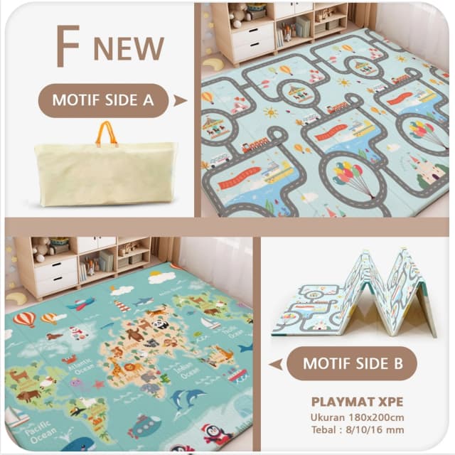 Playmat Bayi XPE Lipat 2 Sisi - 3 Ukuran & Beragam Motif