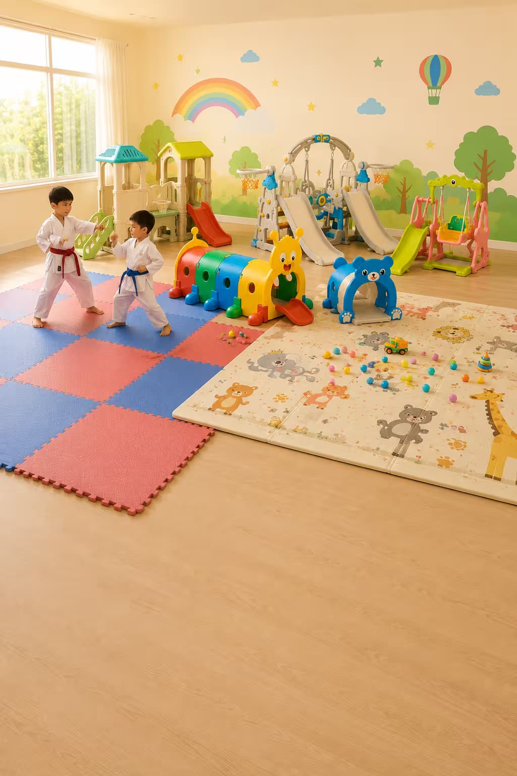 a collection of toys in a playroom