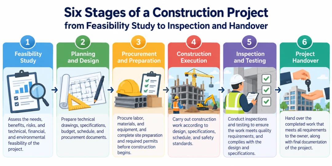 A horizontal diagram illustrating the six main stages of a construction project: feasibility study → planning and design → procurement → site preparation → construction execution → inspection and handover. Use simple construction-related icons and clearly