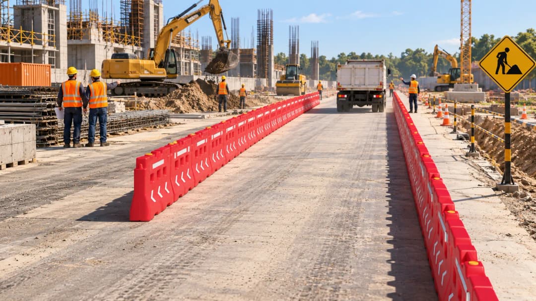 Area proyek konstruksi yang tertata, dengan pekerja memakai APD, road barrier HDPE sebagai pembatas jalur kendaraan, rambu keselamatan, dan aktivitas alat berat.