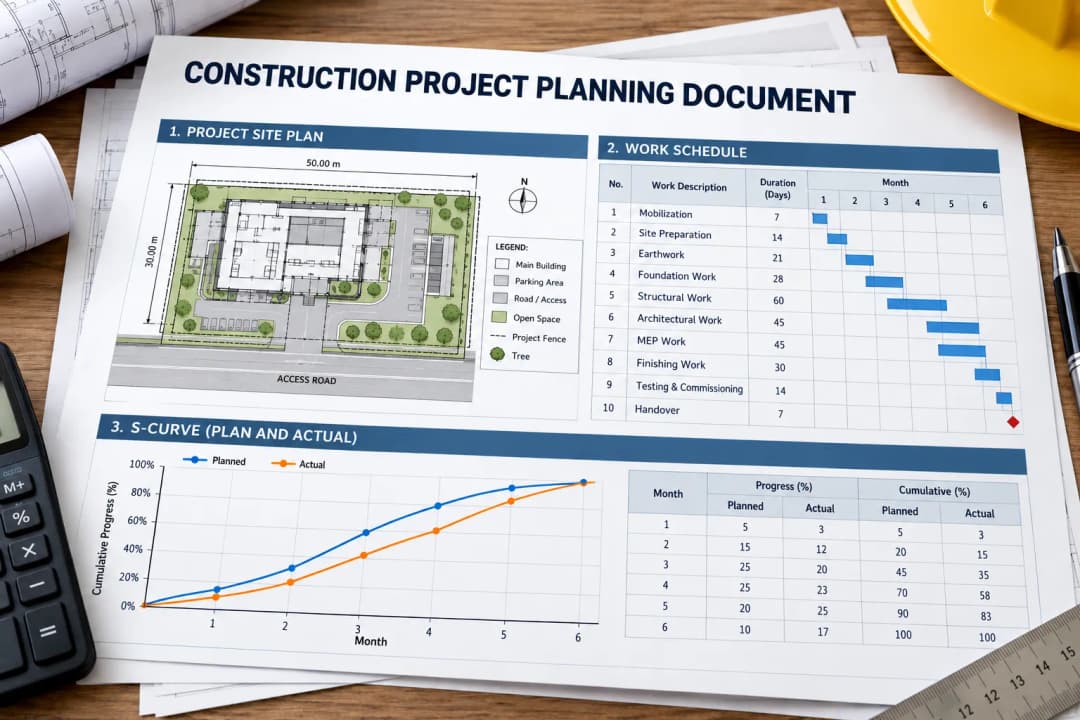 Construction planning documents showing building drawings, a work schedule, a Gantt chart, and an S-curve. Present the documents in a realistic and organized project management setting.