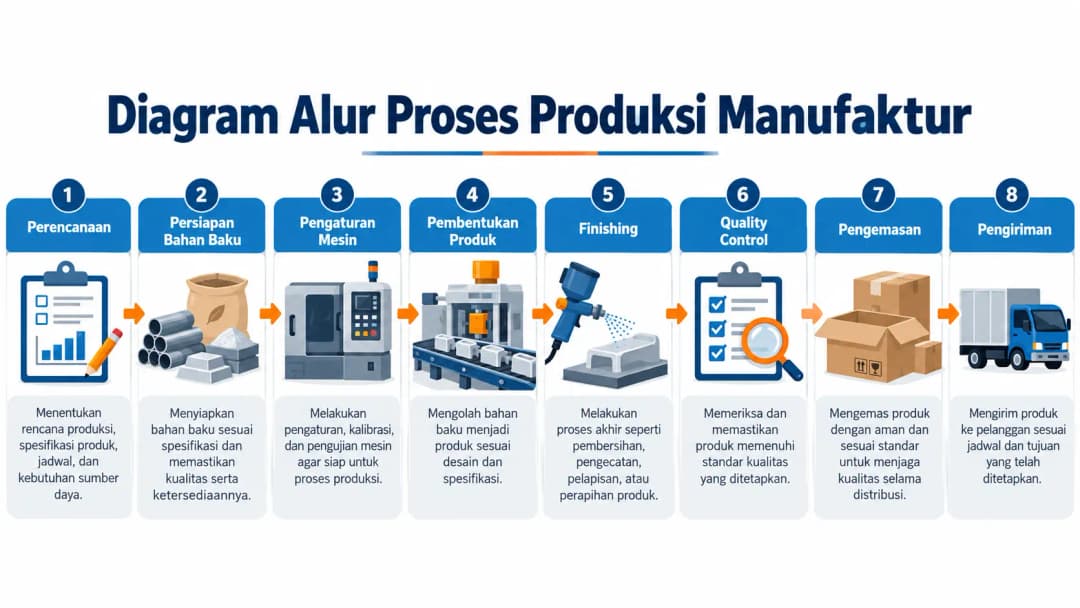 Diagram alur proses produksi manufaktur dari perencanaan, persiapan bahan baku, pengaturan mesin, pembentukan produk, finishing, quality control, hingga pengemasan dan pengiriman. Gunakan ikon industri dan panah yang mudah diikuti.