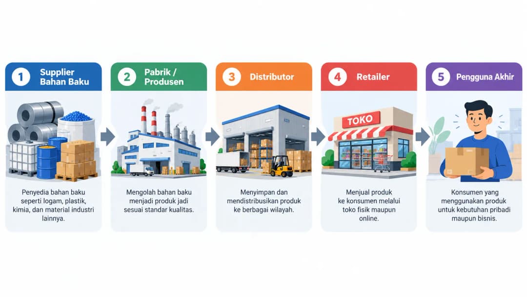 Diagram horizontal rantai pasok industri dengan lima tahapan: supplier bahan baku, pabrik atau produsen, distributor, retailer, dan pengguna akhir. Gunakan ikon material industri, bangunan pabrik, gudang distribusi, toko, dan pelanggan. Tambahkan panah un