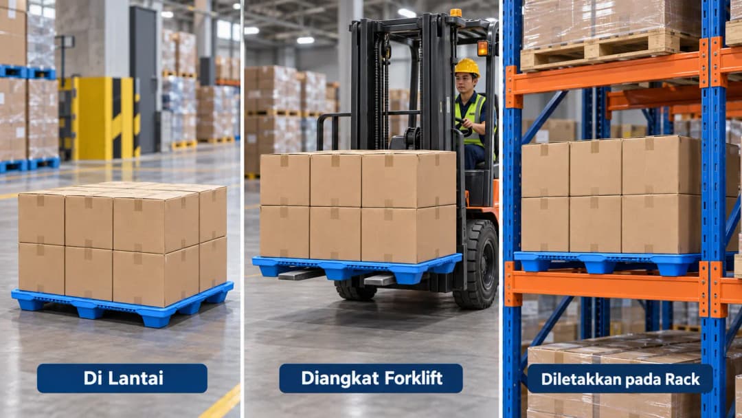 Diagram pallet di lantai / diangkat forklift / diletakkan pada rack