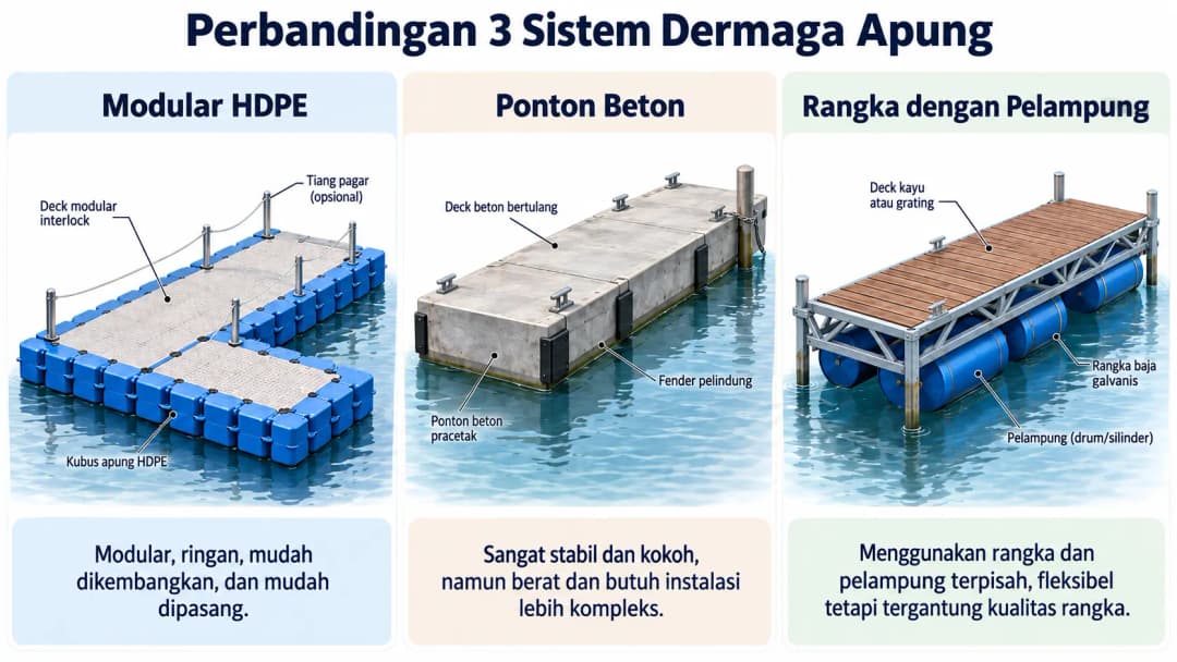 Diagram perbandingan tiga sistem dermaga apung, yaitu modular HDPE, ponton beton, dan rangka dengan pelampung. Masing-masing ditampilkan dalam ilustrasi isometrik dengan keterangan singkat.