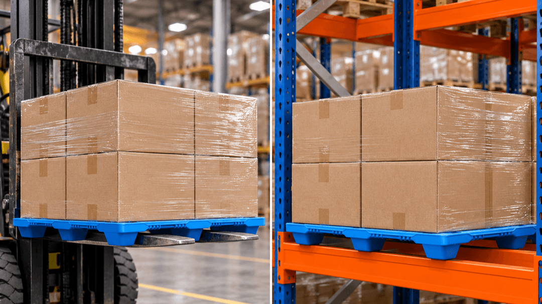 Dua aplikasi pallet HDPE biru secara berdampingan. Kiri: forklift sedang mengangkat pallet bermuatan karton. Kanan: pallet berada di rak gudang industri dengan dukungan beam yang terlihat jelas. Fokus pada cara pallet ditopang.