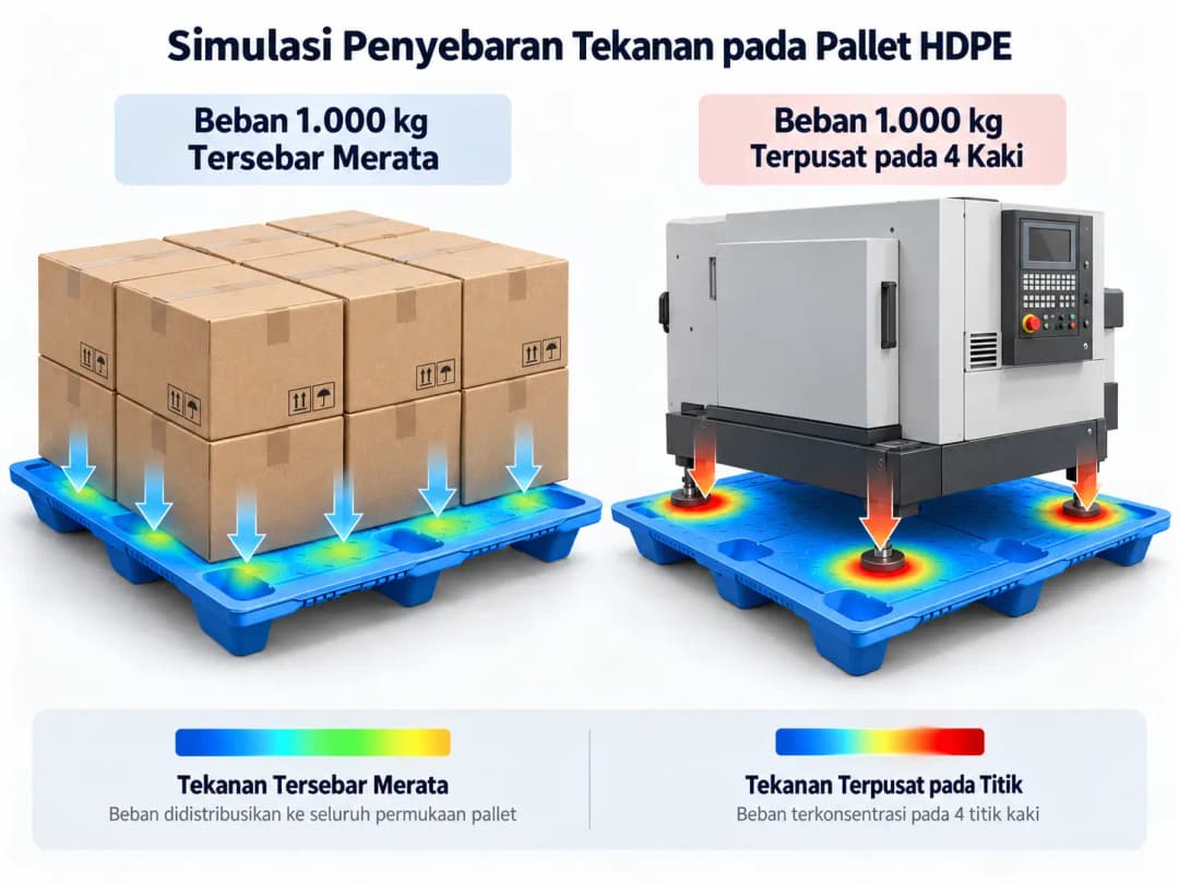 Dua pallet plastik HDPE identik dengan simulasi beban 1.000 kg. Sebelah kiri berisi karton yang tersusun merata. Sebelah kanan menopang mesin industri dengan empat kaki kecil. Perlihatkan perbedaan penyebaran tekanan menggunakan penanda visual sederhana.