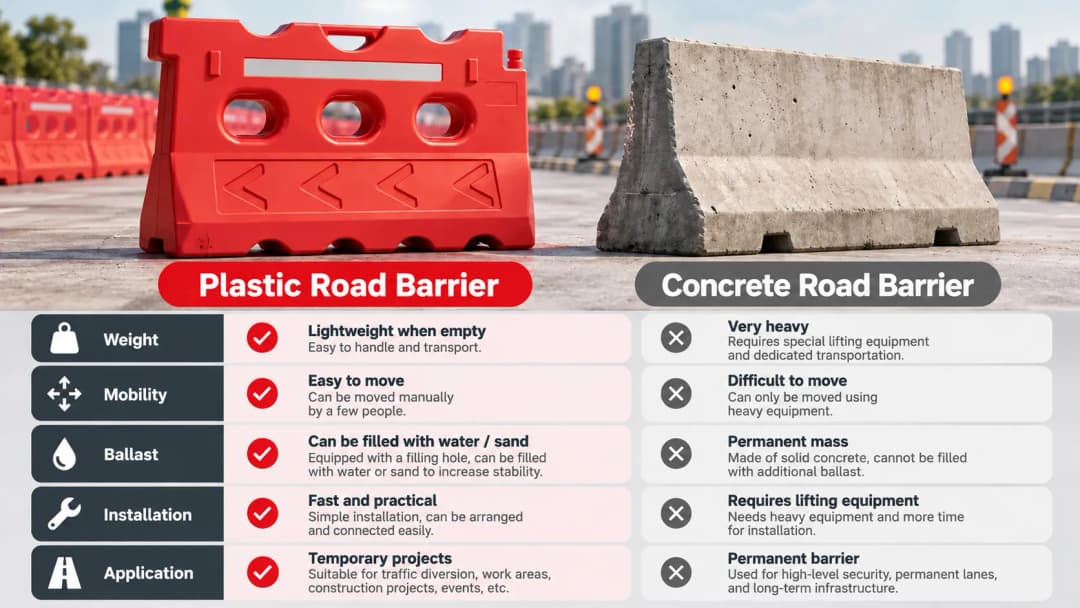 (english) road barrier plastik dan beton berdampingan dengan indikator Bobot, Mobilitas, Ballast, Instalasi, dan Aplikasi
