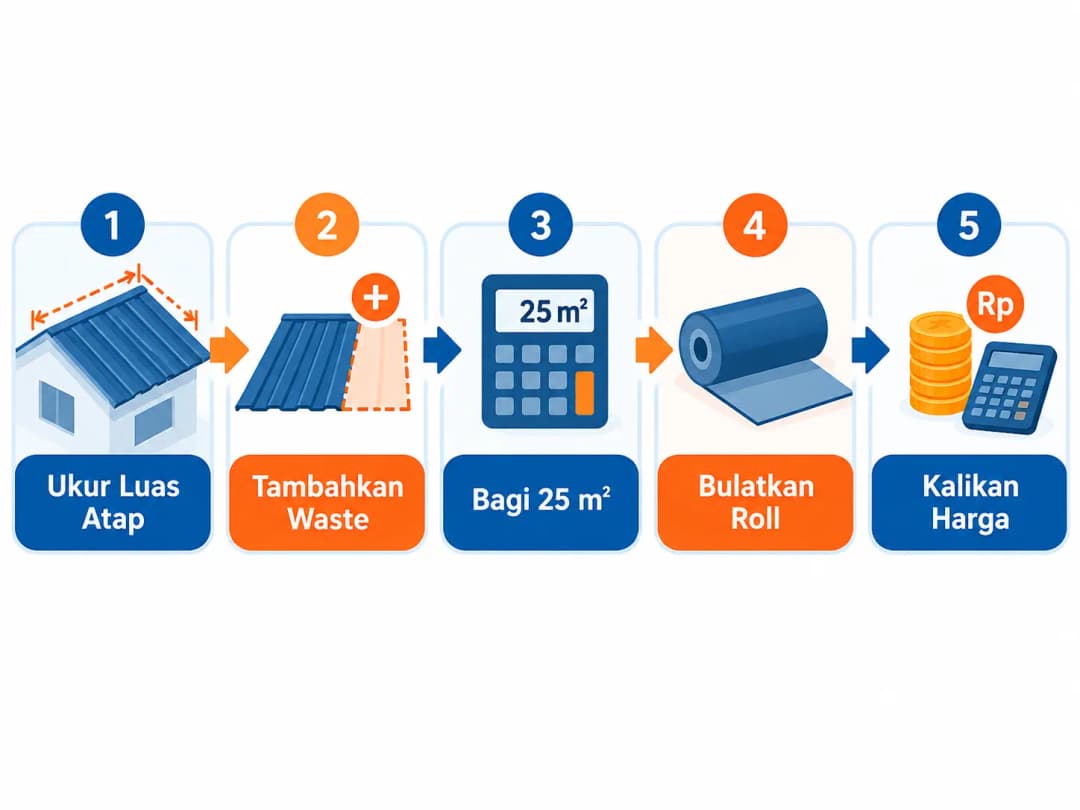Flowchart “Ukur Luas Atap → Tambahkan Waste → Bagi 25 m² → Bulatkan Roll → Kalikan Harga”