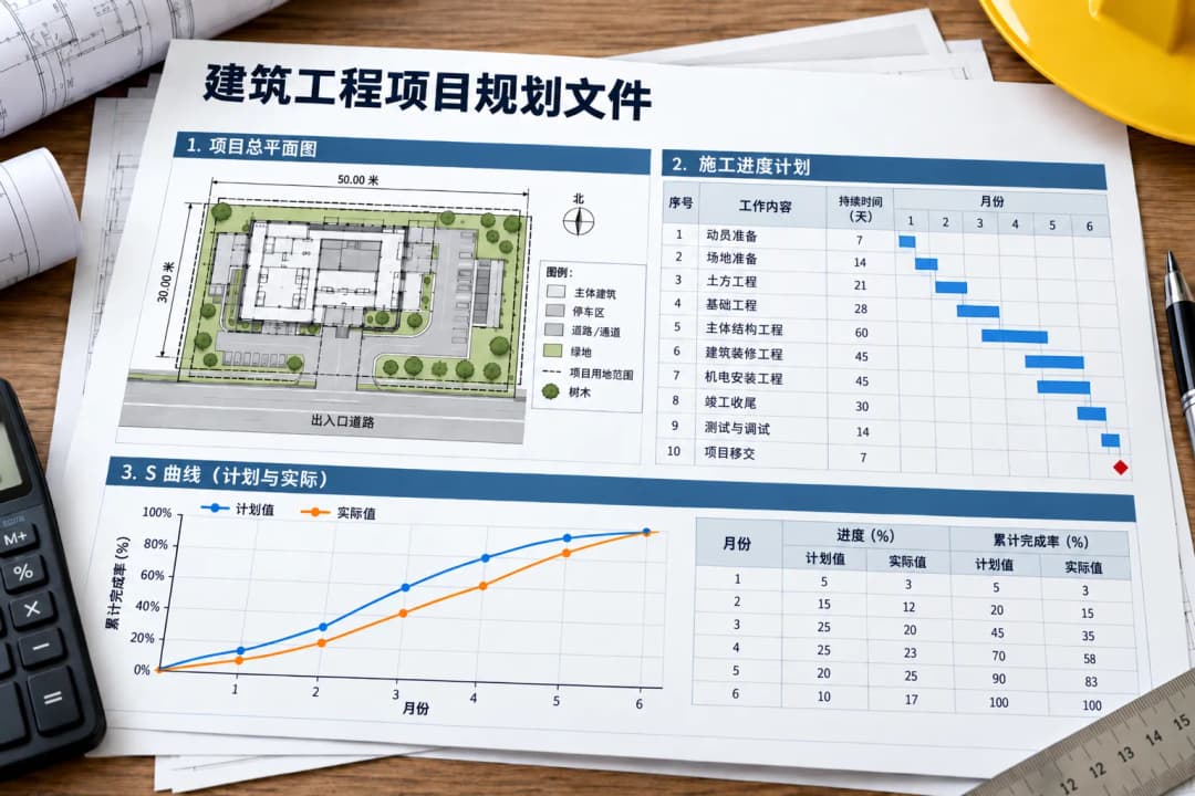 图片说明:建筑项目规划文件,包括建筑平面图、施工进度表、甘特图以及S曲线,采用真实、整洁的工程管理场景。