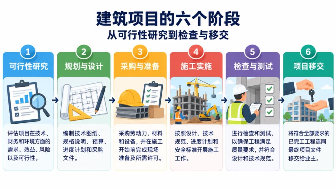 图片说明:建筑工程六个主要阶段的横向流程图:可行性研究 → 规划与设计 → 采购 → 施工现场准备 → 施工实施 → 检查与竣工移交。使用简洁的建筑行业图标和清晰的箭头。