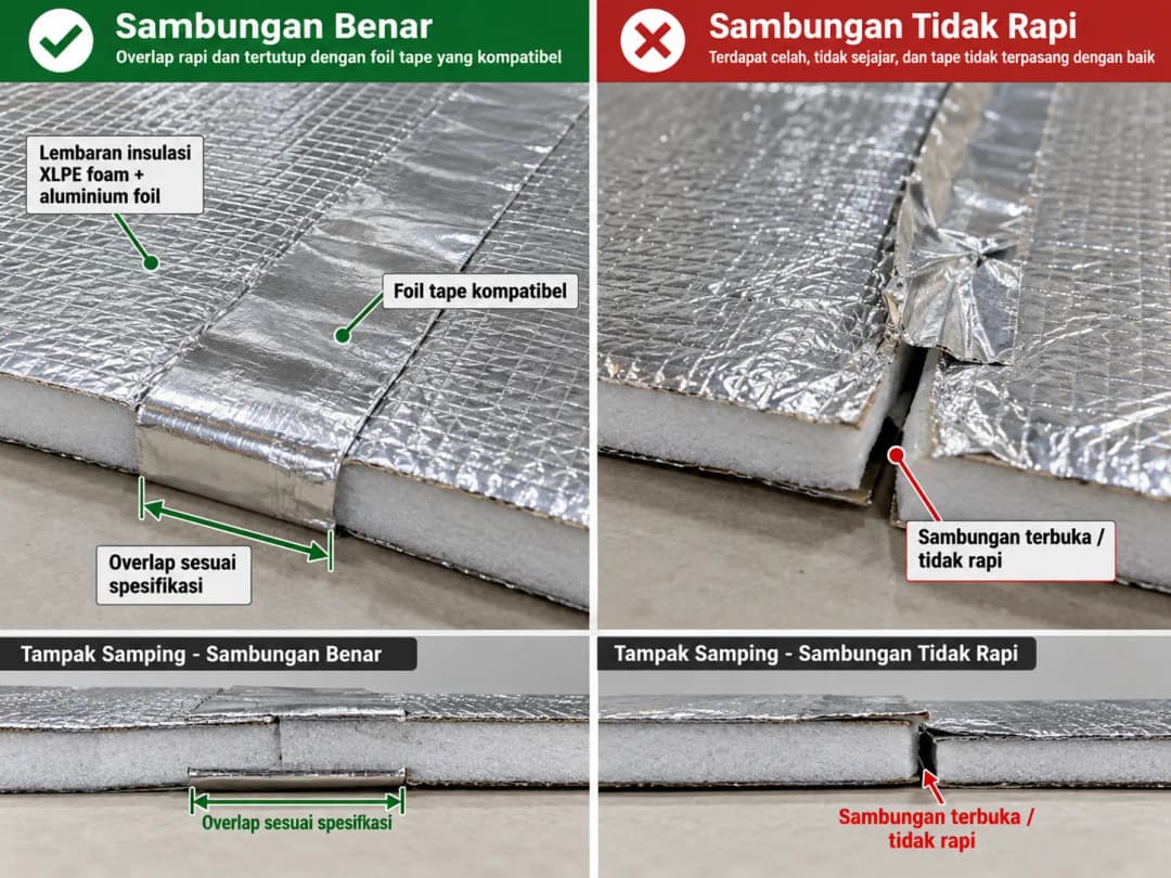 Ilustrasi close-up sambungan dua lembar insulasi foam aluminium foil. Perlihatkan material yang disambung dengan overlap sesuai spesifikasi dan foil tape kompatibel, serta pembanding sambungan yang terbuka dan tidak rapi.