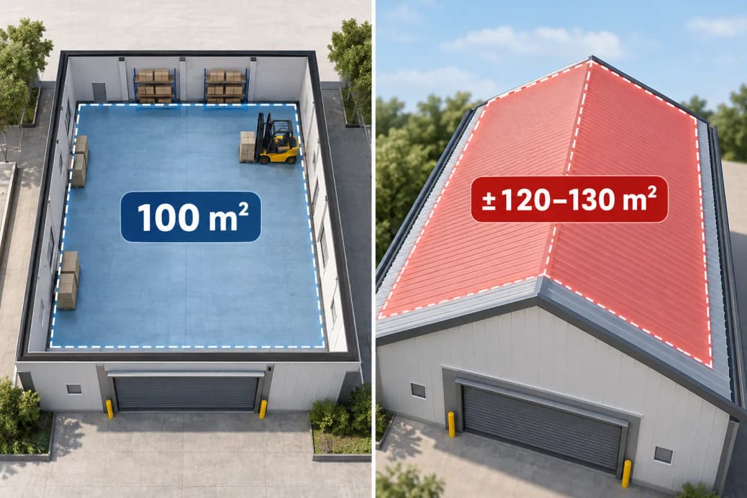 Ilustrasi perbandingan luas lantai 100 m² dengan luas bidang atap miring