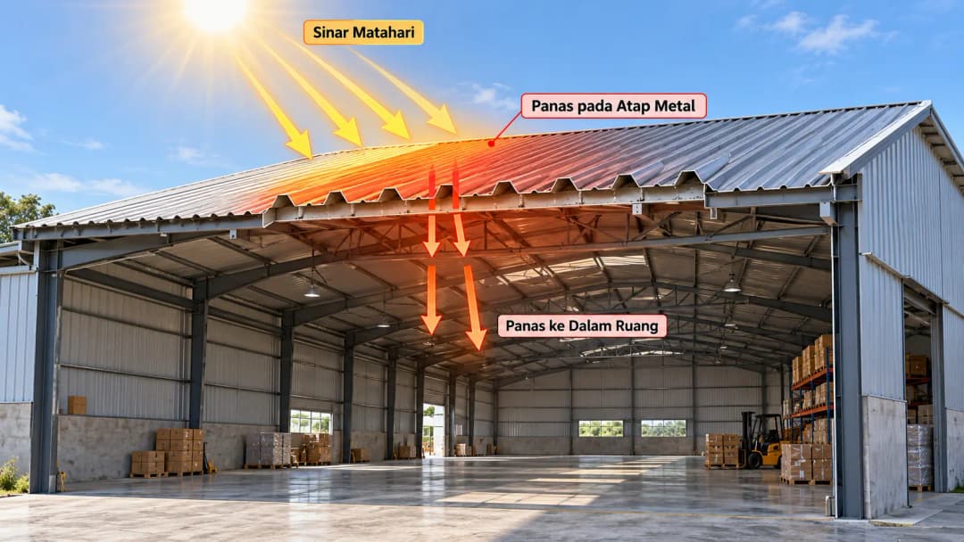 Ilustrasi realistis bangunan gudang beratap spandek pada siang hari. Perlihatkan sinar matahari mengenai permukaan atap, panas merambat melalui lembaran metal, dan sebagian panas menuju ruang di bawahnya. Gunakan panah sederhana serta potongan bangunan ag