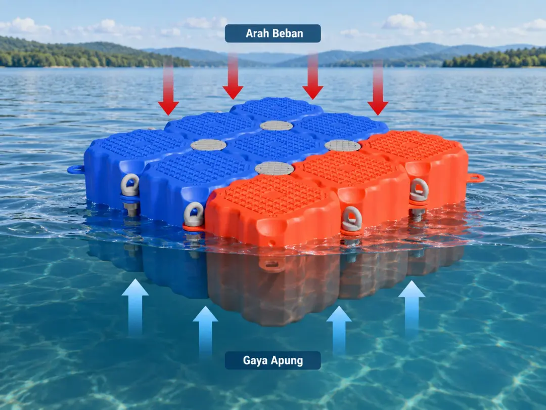 Ilustrasi realistis ponton modular HDPE berwarna biru atau oranye yang mengapung di danau. Perlihatkan sebagian modul berada di bawah permukaan air, dengan panah sederhana untuk menjelaskan gaya apung dan arah beban. Gunakan bentuk kubus apung sesuai prod