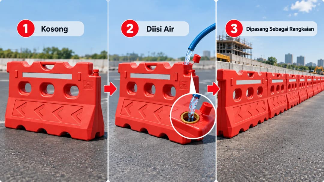 ilustrasi road barrier HDPE kosong → diisi air → dipasang sebagai rangkaian