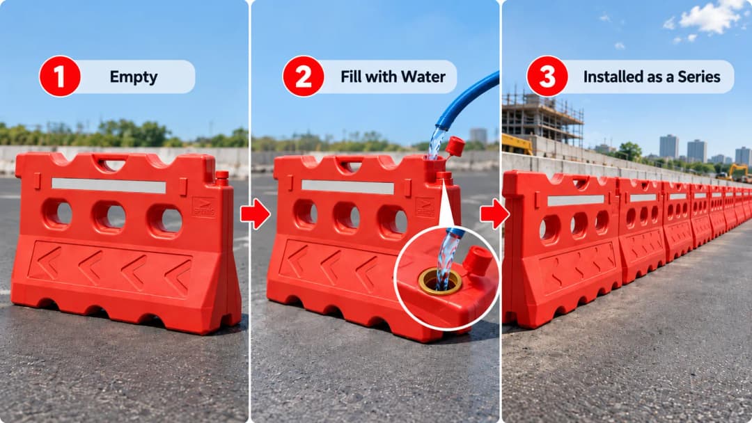 ilustrasi road barrier HDPE kosong → diisi air → dipasang sebagai rangkaian