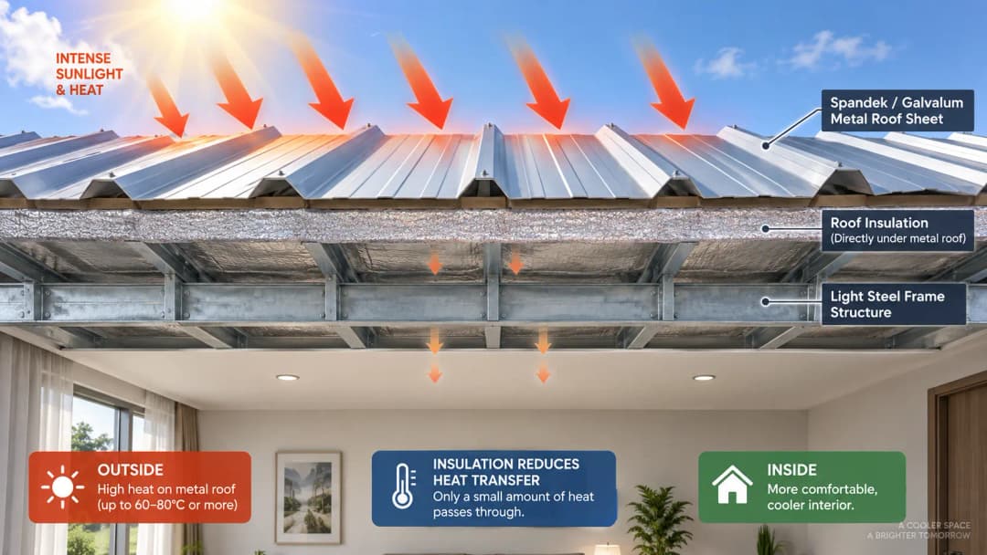 ilustrasi roof insulation di bawah atap spandek/galvalum lengkap dengan arah panas