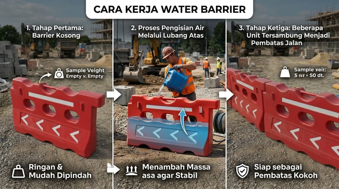 Infografis realistis tiga tahap cara kerja water barrier. Tahap pertama barrier kosong, tahap kedua proses pengisian air melalui lubang atas, dan tahap ketiga beberapa unit tersambung menjadi pembatas jalan. Gunakan panah sederhana dan latar proyek yang k