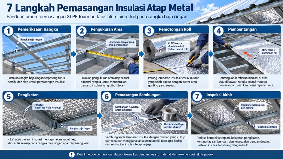 Infografis tujuh langkah pemasangan insulasi atap metal. Mulai dari pemeriksaan rangka, pengukuran, pemotongan roll, pembentangan, pengikatan, pemasangan sambungan, hingga inspeksi akhir. Gunakan ilustrasi teknis realistis dengan rangka baja ringan dan le