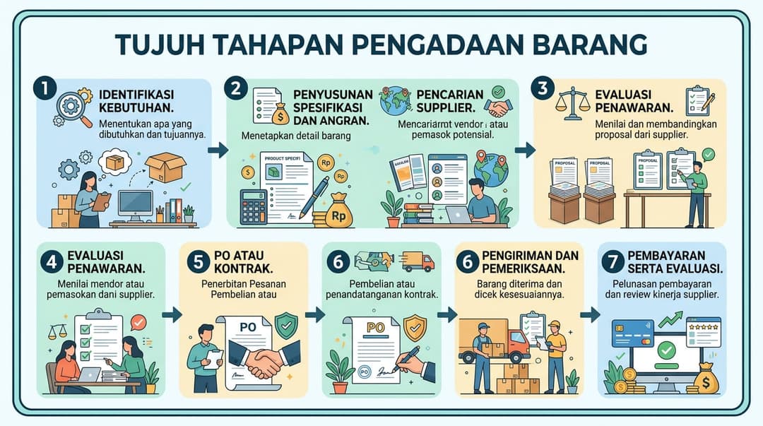 Infografis tujuh tahapan pengadaan barang. Identifikasi kebutuhan → Penyusunan spesifikasi dan anggaran → Pencarian supplier → Evaluasi penawaran → PO atau kontrak → Pengiriman dan pemeriksaan → Pembayaran serta evaluasi. Gunakan ikon atau ilustrasi objek
