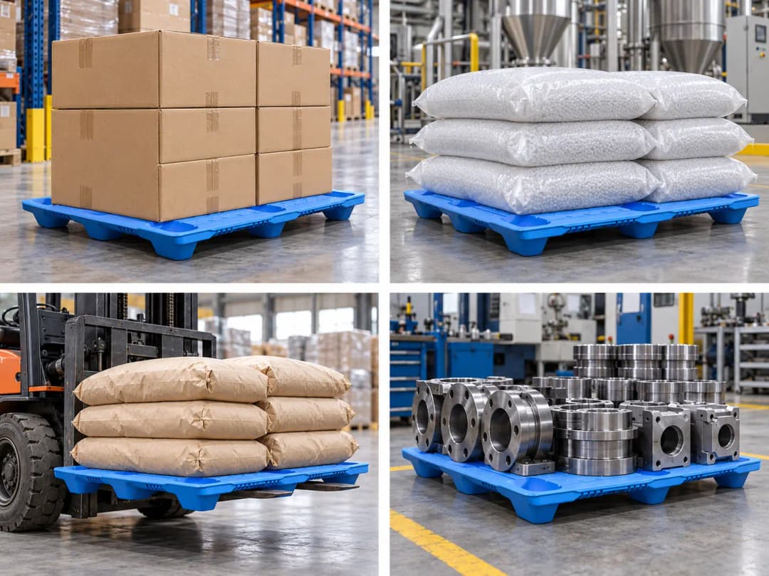 Kolase empat penggunaan pallet plastik heavy duty: penyimpanan karton di gudang, bahan baku di pabrik, pallet berisi karung yang dipindahkan forklift, dan komponen industri di area produksi.