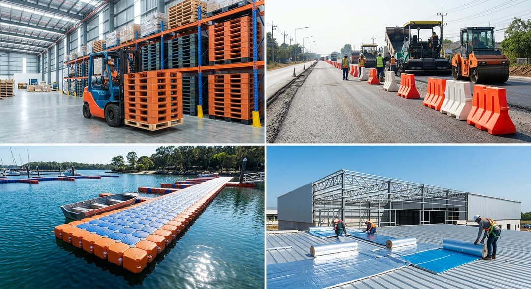 Kolase realistis empat kebutuhan pengadaan industri. Gudang dengan pallet HDPE dan forklift, proyek jalan dengan road barrier, dermaga modular menggunakan kubus apung, serta konstruksi atap pabrik dengan roof insulation. Tata letak 2×2, warna konsisten, t