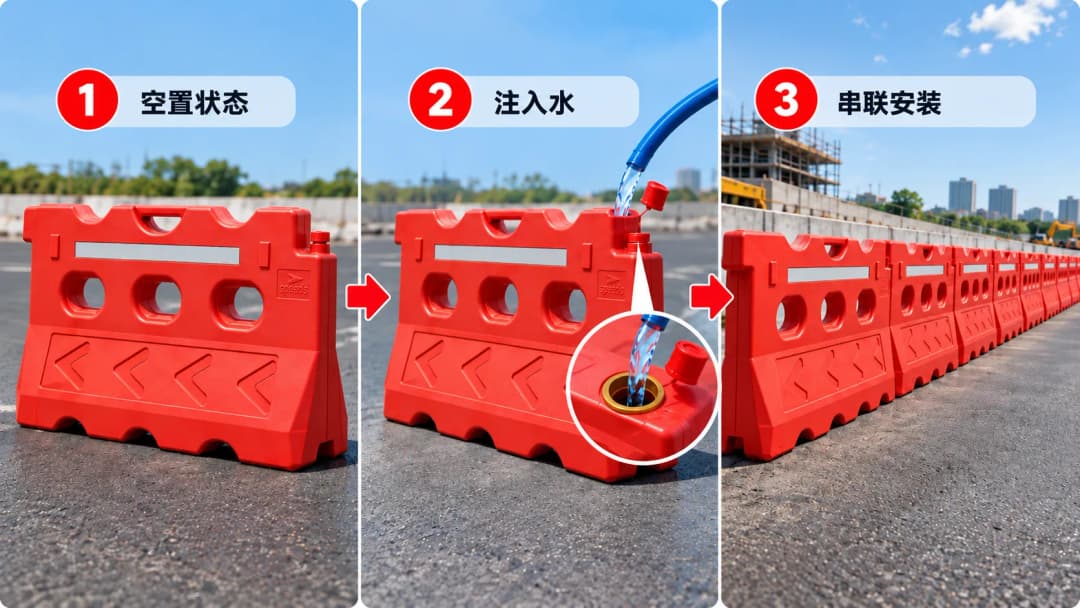 (mandarin) ilustrasi road barrier HDPE kosong → diisi air → dipasang sebagai rangkaian