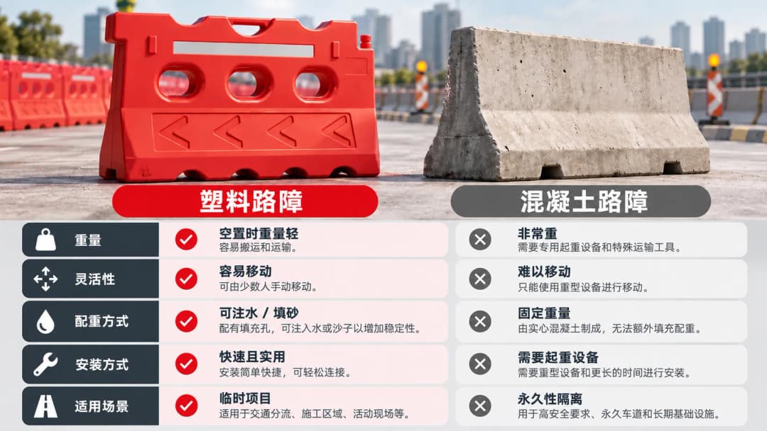 (mandarin) road barrier plastik dan beton berdampingan dengan indikator Bobot, Mobilitas, Ballast, Instalasi, dan Aplikasi
