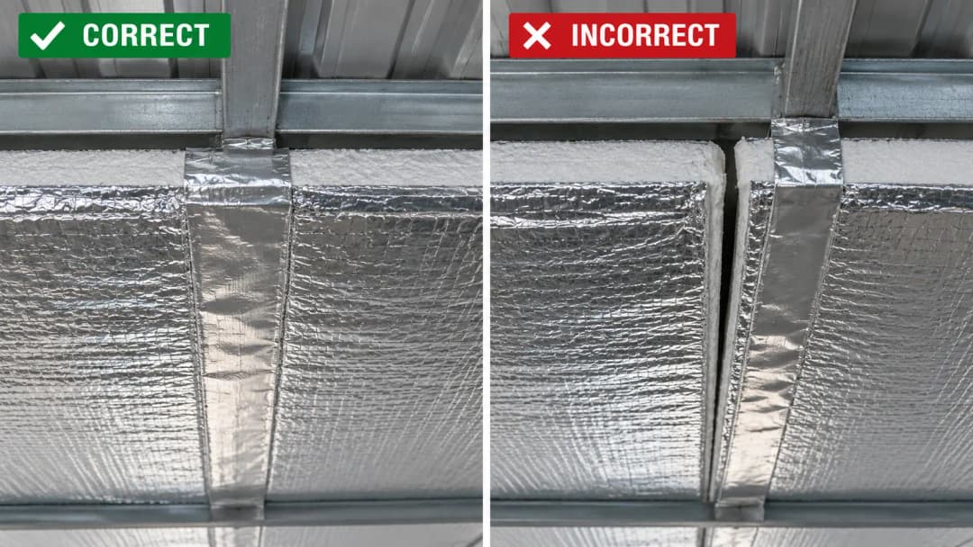 Perbandingan close-up pemasangan insulasi atap metal. Sisi kiri memperlihatkan sambungan foil tape yang menutup tepat di tengah pertemuan dua lembar material, rapi, dan tidak terbuka. Sisi kanan memperlihatkan sambungan yang memiliki celah dan tape tidak