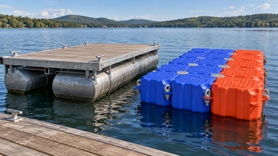 Perbandingan dua sistem ponton dari sudut tiga perempat. Kiri, ponton konvensional dengan badan pelampung baja berukuran besar. Kanan, ponton modular tersusun dari kubus HDPE Karpinus yang dihubungkan menggunakan pin. Latar dermaga danau, realistis, tanpa