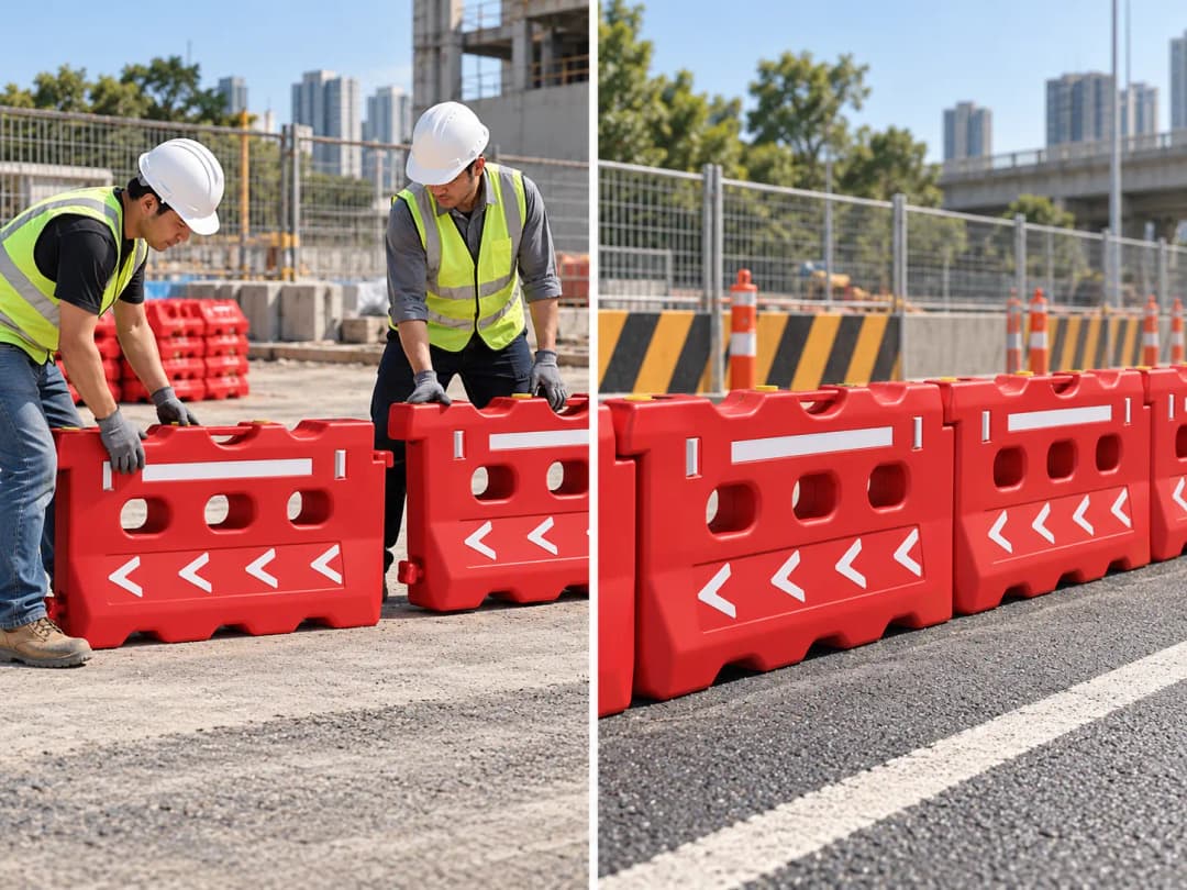 Perbandingan kondisi road barrier HDPE saat kosong dan setelah diisi air. Sisi kiri memperlihatkan dua pekerja menata unit kosong, sisi kanan memperlihatkan barrier yang sudah terpasang dan diisi air. Tidak perlu menampilkan kendaraan yang menabrak barrie