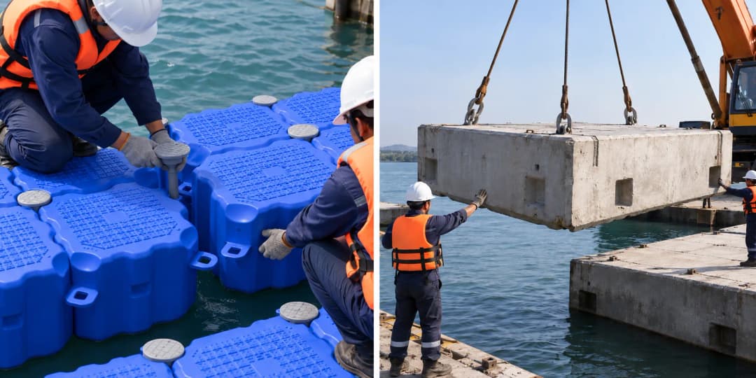 Perbandingan proses pemasangan. Sebelah kiri pekerja merangkai kubus apung HDPE menggunakan pin pengunci, sebelah kanan proses pemindahan modul ponton beton dengan alat angkat.
