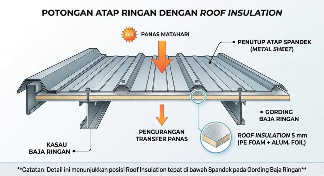 potongan atap rumah atau bangunan ringan dengan Roof Insulation 5 mm di bawah spandek