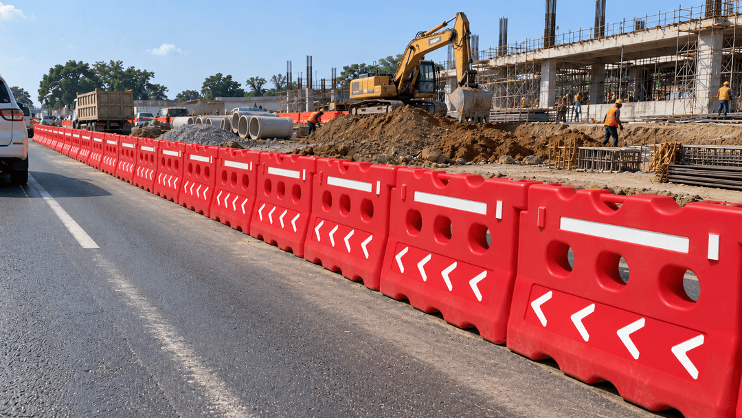 Water barrier HDPE berwarna oranye tersusun sebagai pembatas antara jalur kendaraan dan area proyek konstruksi. Perspektif realistis dari sisi jalan, memperlihatkan rangkaian pembatas dan area kerja di belakangnya.